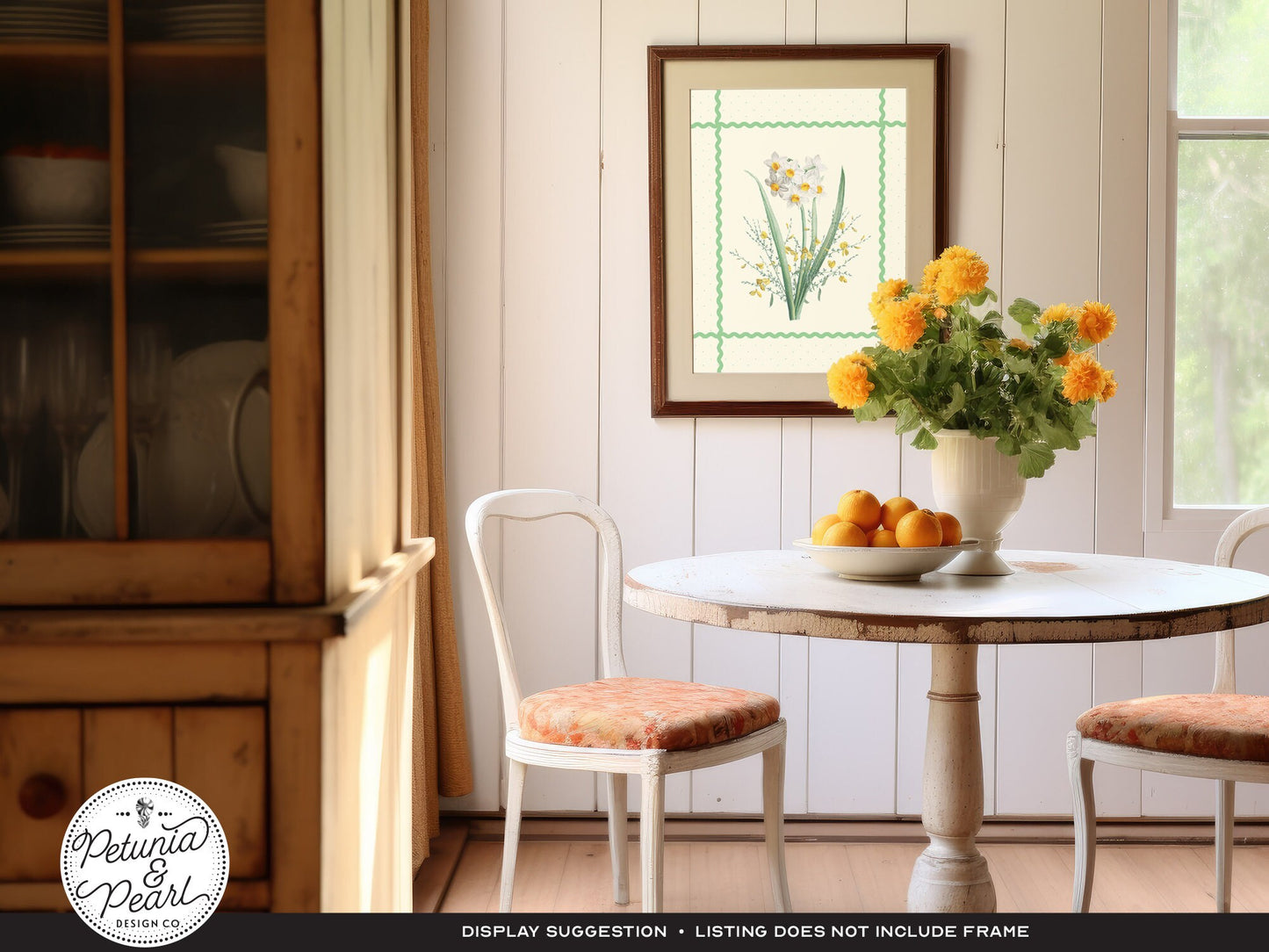Jadeite Green Ric-Rac & Spring Jonquil Wall Art, Inspired by Vintage Botanicals · Retro Floral Print · Nostalgic Farmhouse · Cottage Style