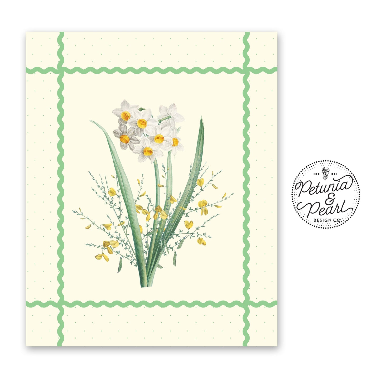 Jadeite Green Ric-Rac & Spring Jonquil Wall Art, Inspired by Vintage Botanicals · Retro Floral Print · Nostalgic Farmhouse · Cottage Style
