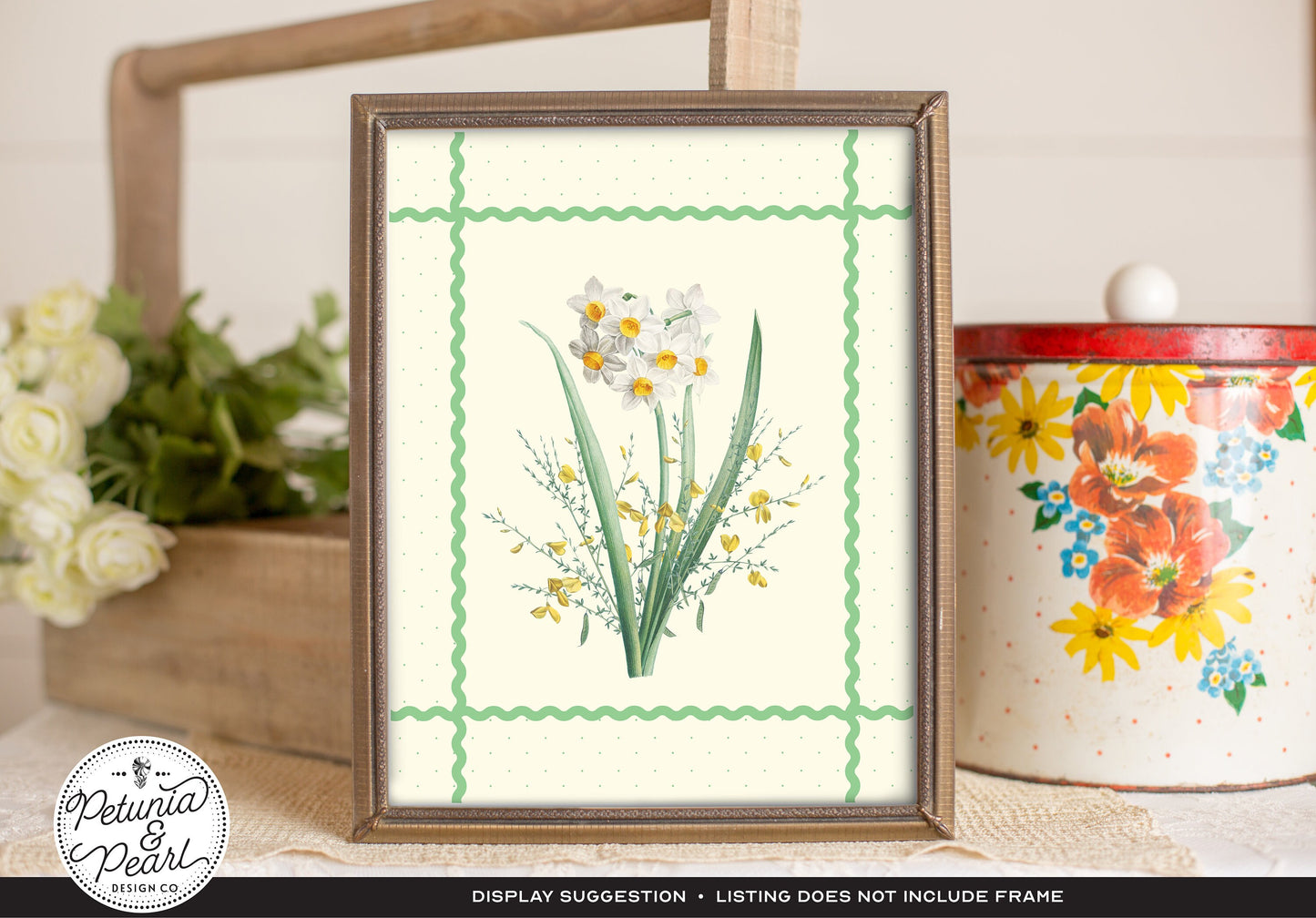 Jadeite Green Ric-Rac & Spring Jonquil Wall Art, Inspired by Vintage Botanicals · Retro Floral Print · Nostalgic Farmhouse · Cottage Style