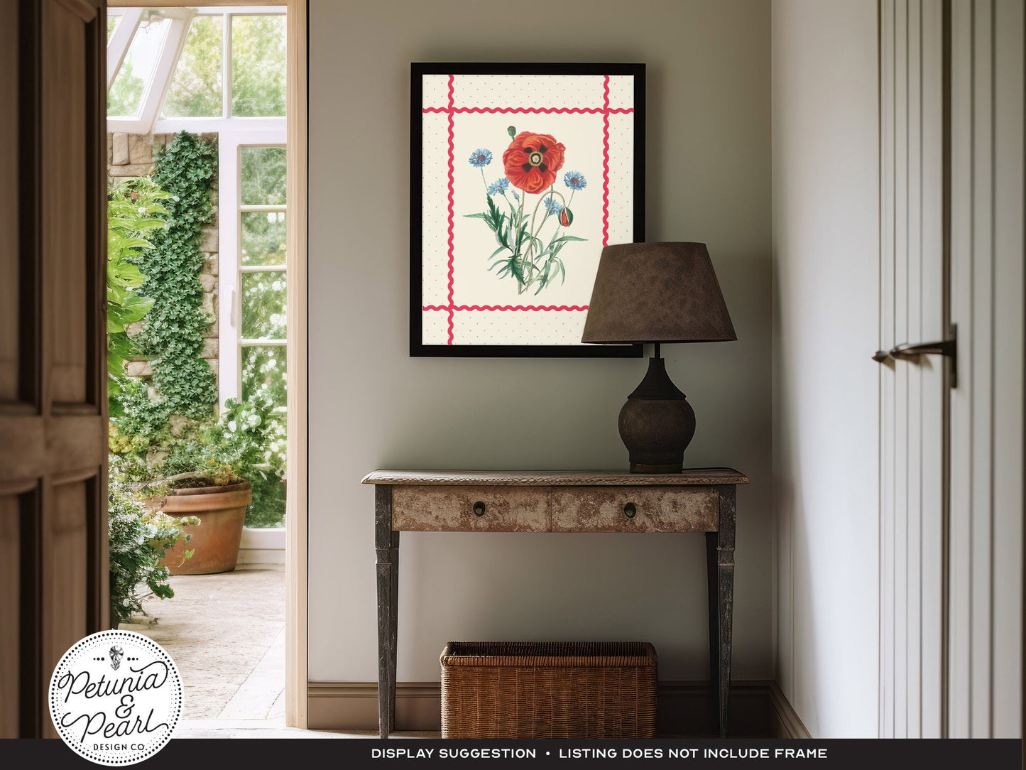 Poppy & Bachelor Buttons Ric-Rac Wall Art, Inspired by Vintage Botanicals · Retro Floral Print · Nostalgic Farmhouse · Cottage Garden Style