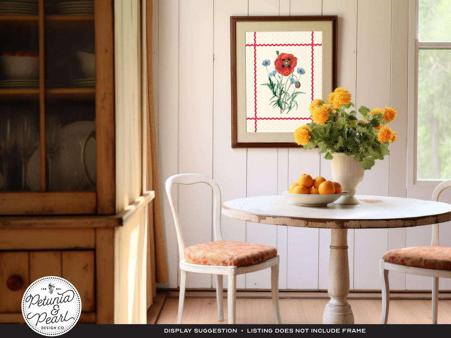 Poppy & Bachelor Buttons Ric-Rac Wall Art, Inspired by Vintage Botanicals · Retro Floral Print · Nostalgic Farmhouse · Cottage Garden Style