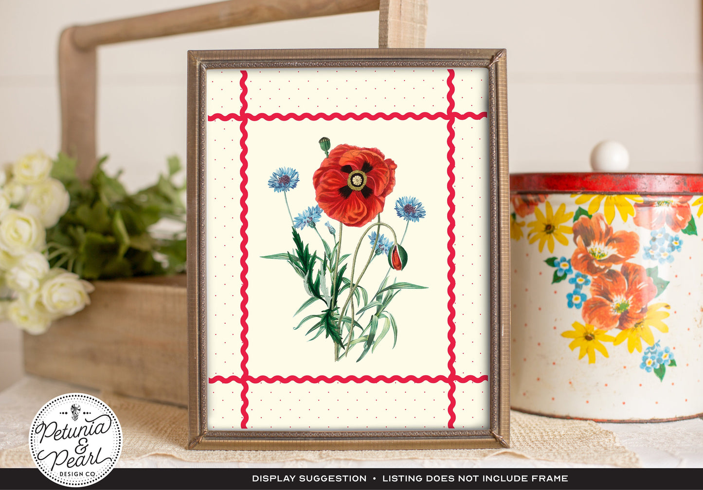 Poppy & Bachelor Buttons Ric-Rac Wall Art, Inspired by Vintage Botanicals · Retro Floral Print · Nostalgic Farmhouse · Cottage Garden Style