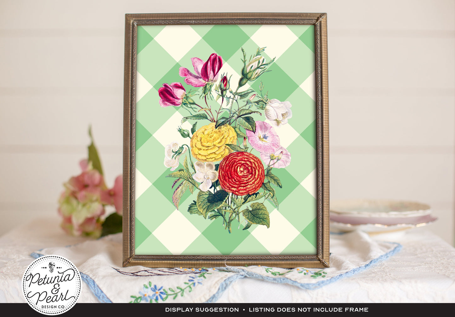 Gingham & Mixed Flowers Wall Art · Vintage Style Botanical Floral Print · Nostalgic Country Cottage Aesthetic · Retro Farmhouse Decor