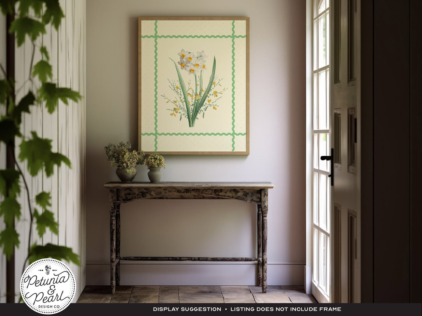 Jadeite Green Ric-Rac & Spring Jonquil Wall Art, Inspired by Vintage Botanicals · Retro Floral Print · Nostalgic Farmhouse · Cottage Style