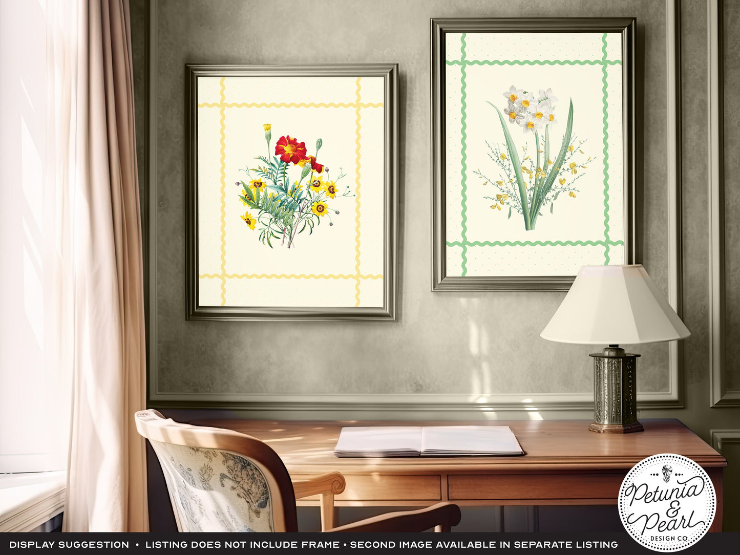 Jadeite Green Ric-Rac & Spring Jonquil Wall Art, Inspired by Vintage Botanicals · Retro Floral Print · Nostalgic Farmhouse · Cottage Style