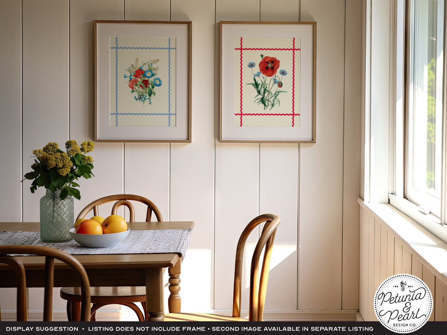 Poppy & Bachelor Buttons Ric-Rac Wall Art, Inspired by Vintage Botanicals · Retro Floral Print · Nostalgic Farmhouse · Cottage Garden Style