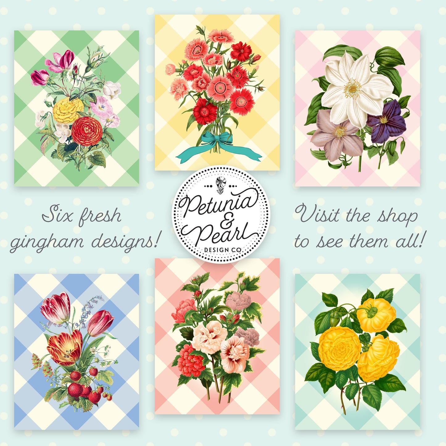 Gingham & Mixed Flowers Wall Art · Vintage Style Botanical Floral Print · Nostalgic Country Cottage Aesthetic · Retro Farmhouse Decor