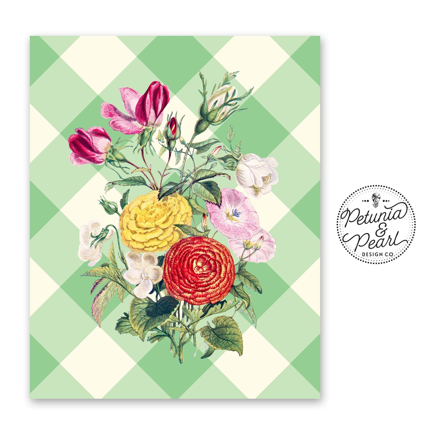 Gingham & Mixed Flowers Wall Art · Vintage Style Botanical Floral Print · Nostalgic Country Cottage Aesthetic · Retro Farmhouse Decor