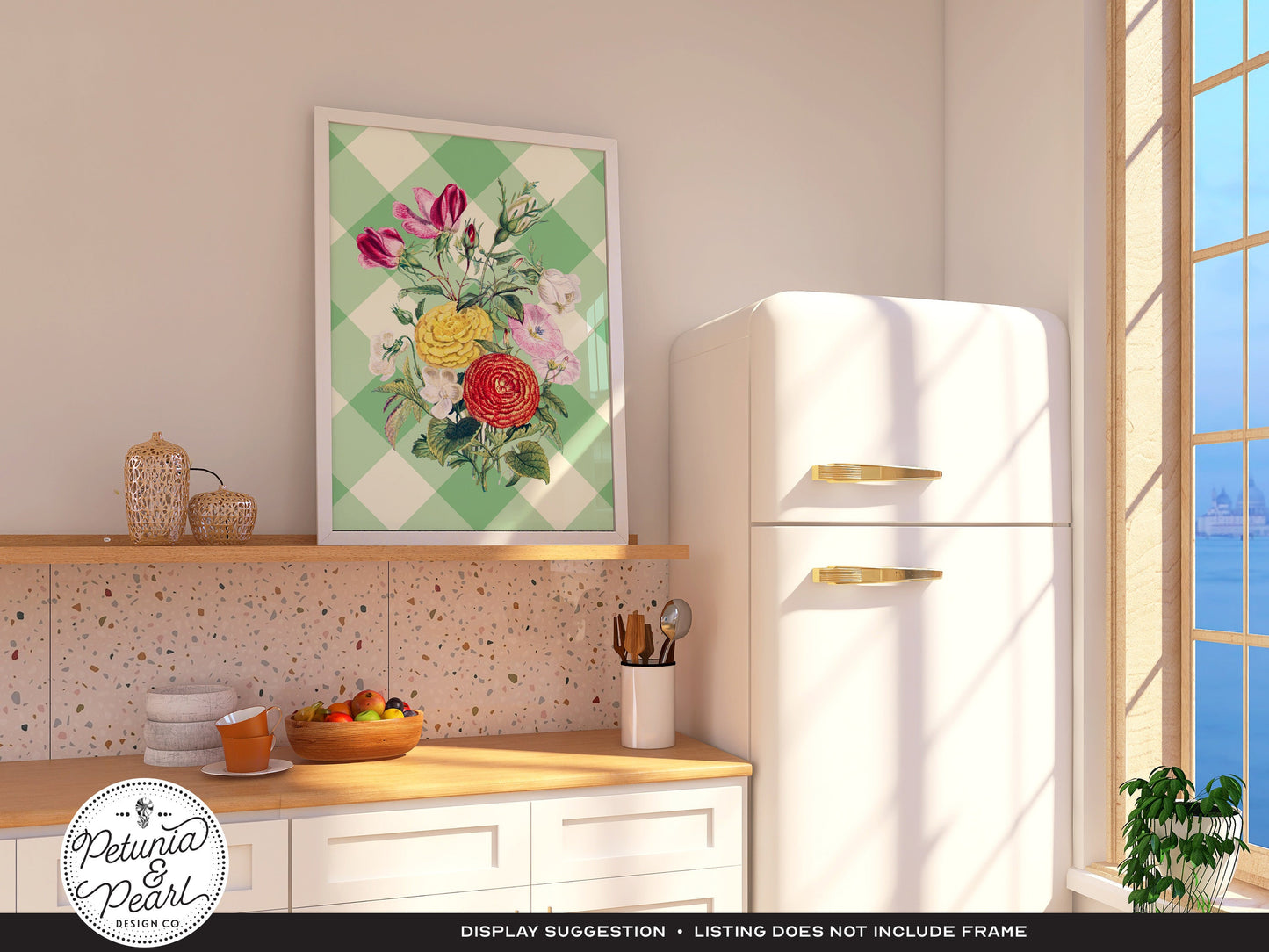 Gingham & Mixed Flowers Wall Art · Vintage Style Botanical Floral Print · Nostalgic Country Cottage Aesthetic · Retro Farmhouse Decor