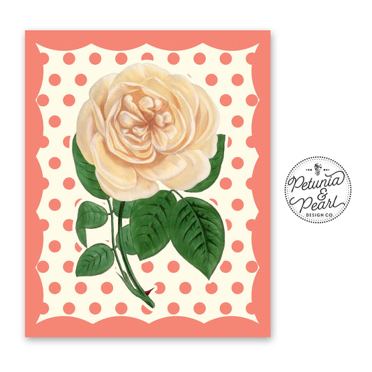 Retro Peach Rose Print · Kitschy Polka Dot Wall Art · Vintage Style Home Decor · Nostalgic Botanical · Floral Art Gift · Cottagecore Look