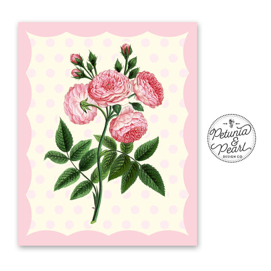 Retro Pink Roses Print · Kitschy Polka Dot Wall Art · Vintage Style Home Decor · Nostalgic Botanical · Floral Art Gift · Cottagecore Look