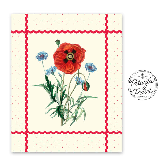 Poppy & Bachelor Buttons Ric-Rac Wall Art, Inspired by Vintage Botanicals · Retro Floral Print · Nostalgic Farmhouse · Cottage Garden Style
