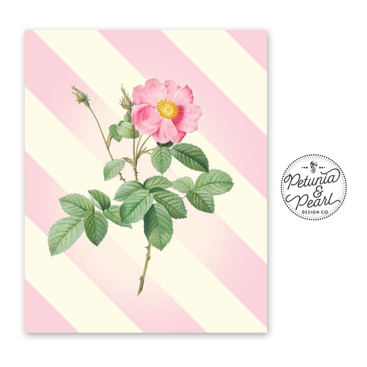 Preppy Pink Roses and Stripes Wall Art · Vintage Style Botanical Floral Print · Nostalgic Cottagecore Aesthetic · Grandmillenial Home Decor