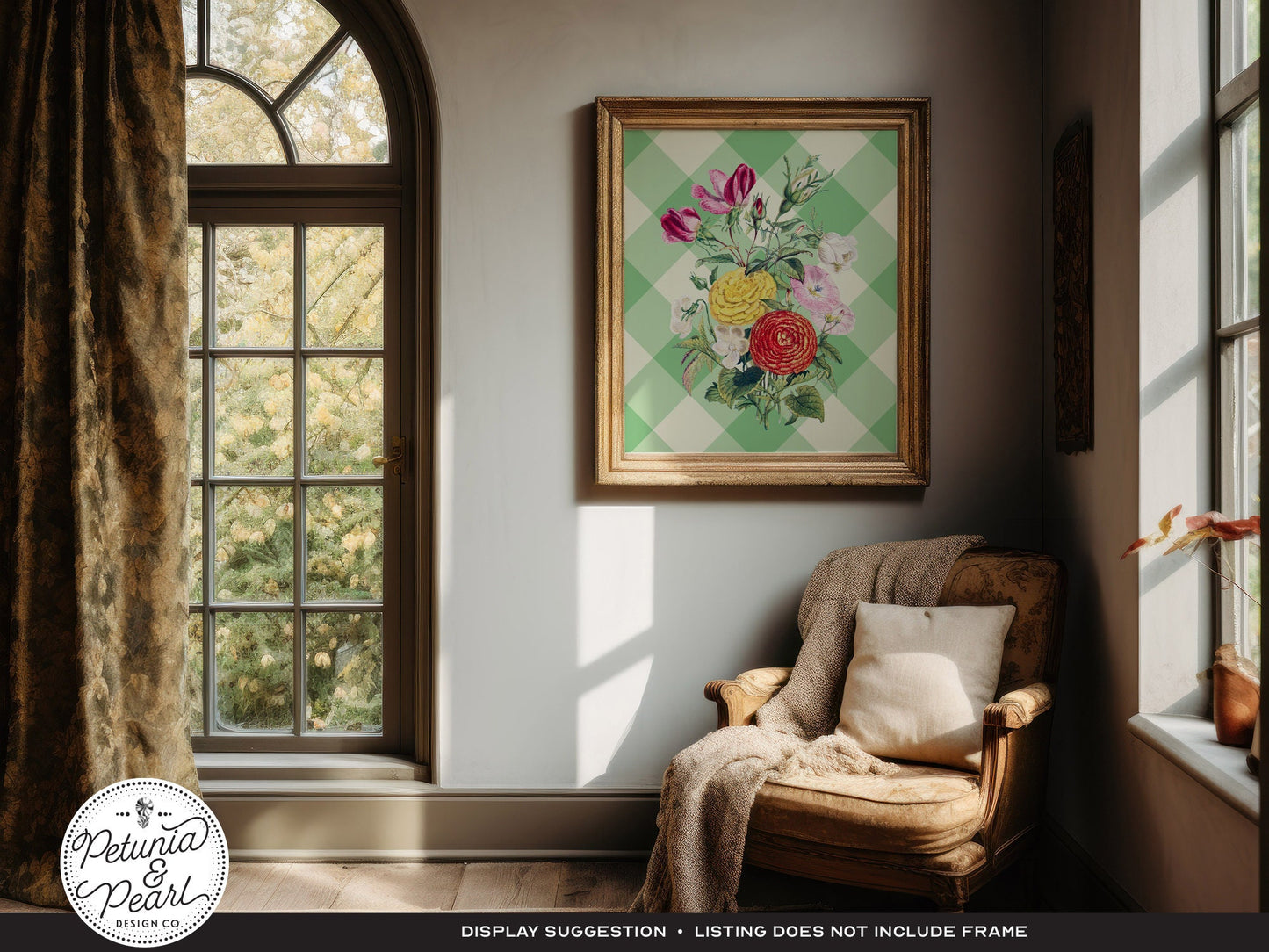 Gingham & Mixed Flowers Wall Art · Vintage Style Botanical Floral Print · Nostalgic Country Cottage Aesthetic · Retro Farmhouse Decor