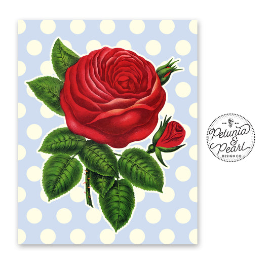 Red Rose & Polka Dot Wall Art · Vintage Style Botanical Floral Print · Whimsical Cottage Aesthetic · She Shed or Home Decor · Multiple Sizes